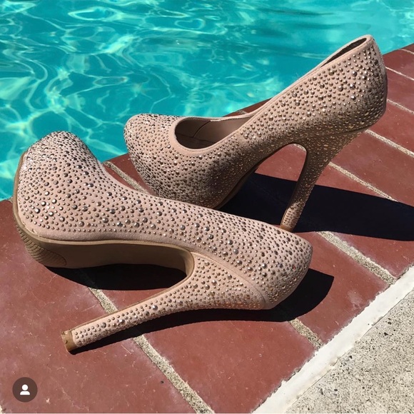 Shoe Dazzle Shoes - Shoe Dazzle Gold & Beige Rhinestone Platform Heels Tay 7